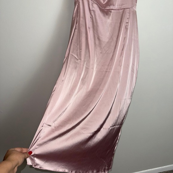 Rose Pink Elegant Satin One Shoulder Midi Dress Draped Asymmetrical Hem Size M - Picture 6 of 6